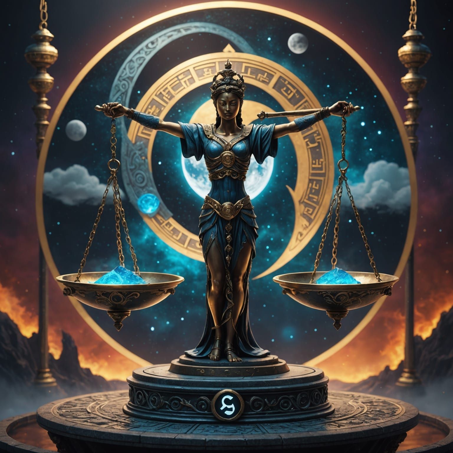 The scales of justice with twins on one side and ying yang o...