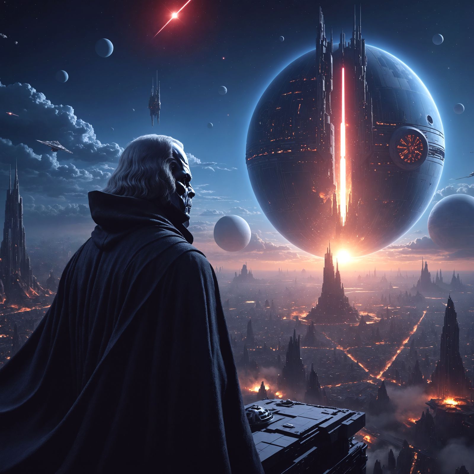 <lora:-Omnious-:1.0> Star Wars: Emperor Palpatine overlooks the Empire's planet of Coruscant, Super Star Destroyers off ...