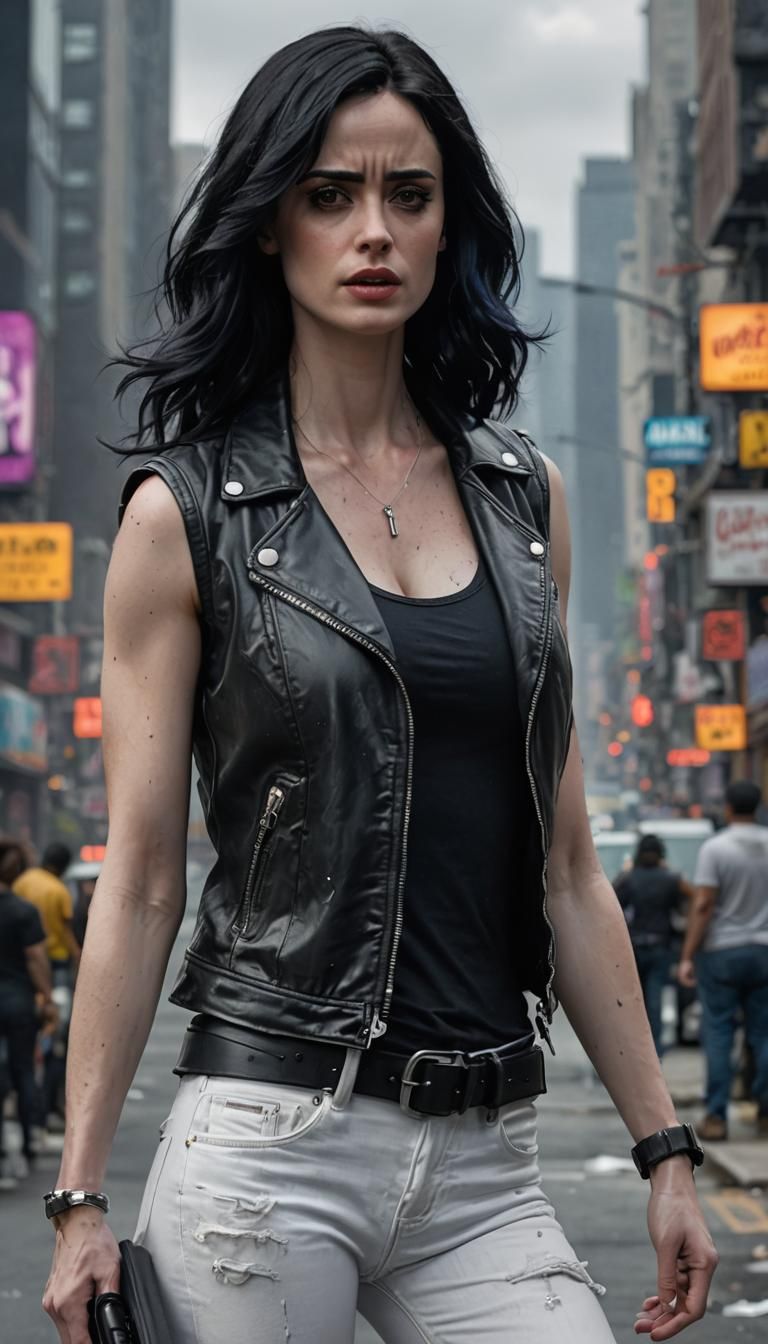 Krysten Ritter, Marvel Jessica Jones, long wavy black hair, white tank top, tight denim jeans, black cropped leather jac...