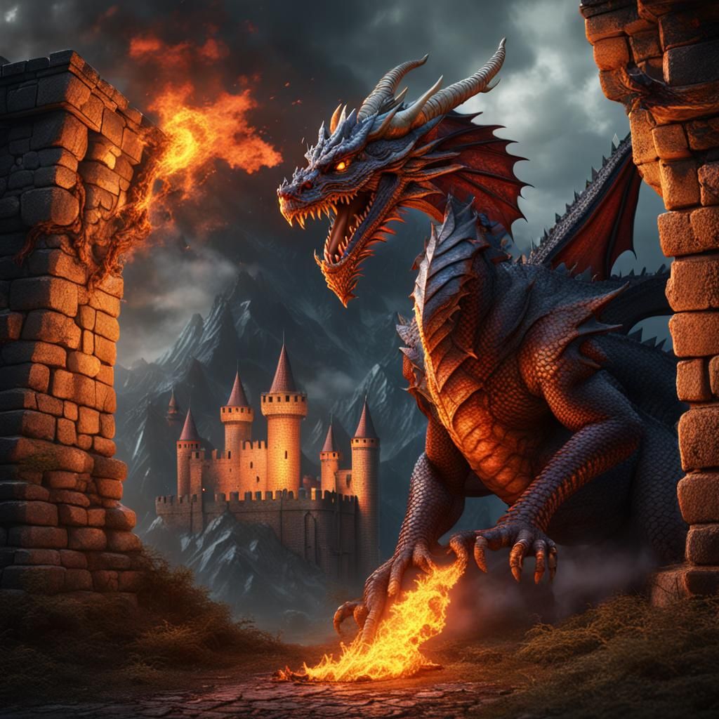 Dragon Burns Castle Wall in Detailed Matte Painting