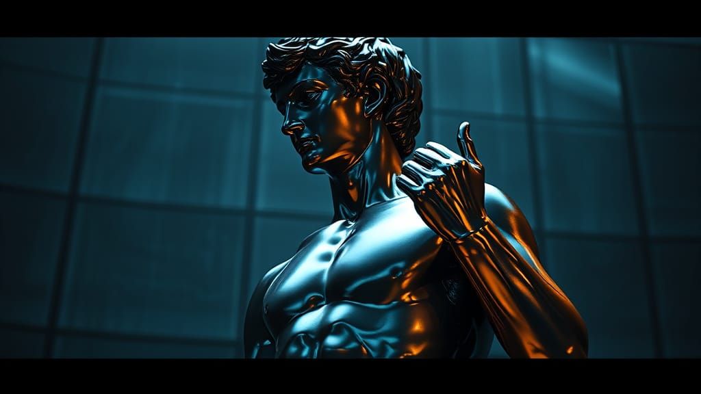 Metallic David Statue in Futuristic Sci-Fi Lab