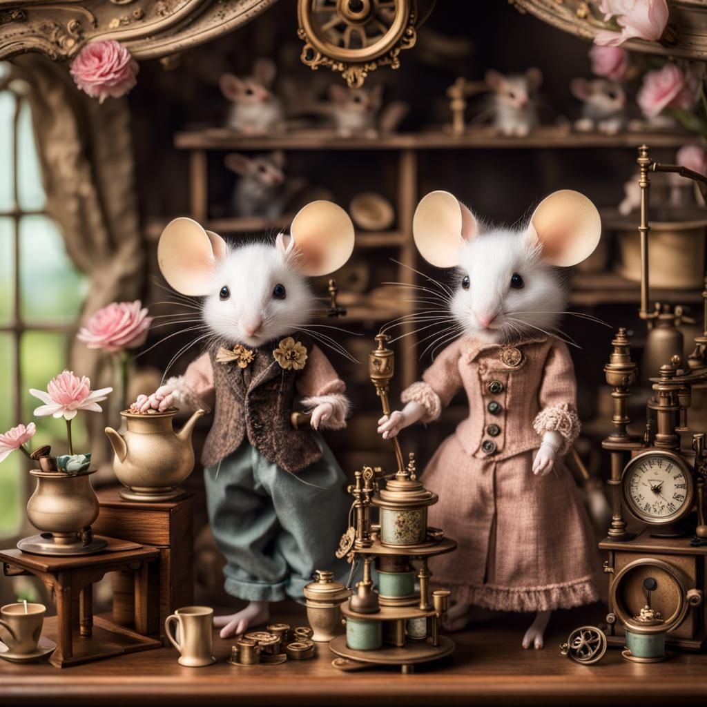 Victorian Dollhouse Mice in Silky Apparel