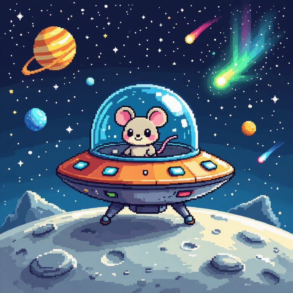 Pixel Cartoon Alien Spaceship on Moon