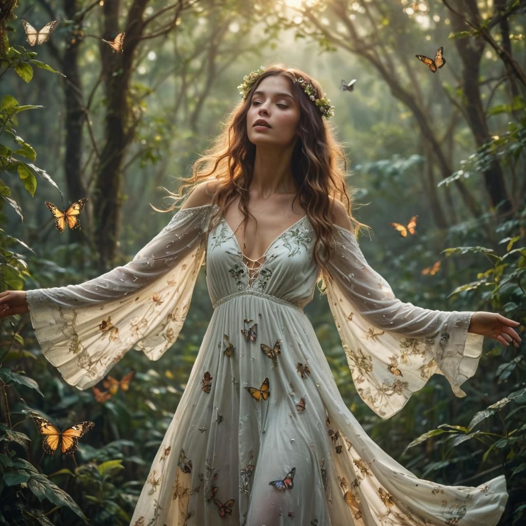 Ethereal Bohemian Woman in Forest, Rembrandt Lighting