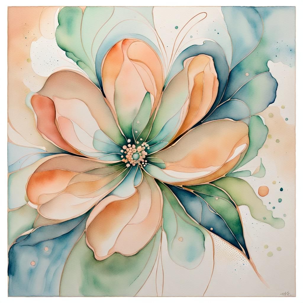 Pastel Watercolor Abstract Flower with Gold Accents