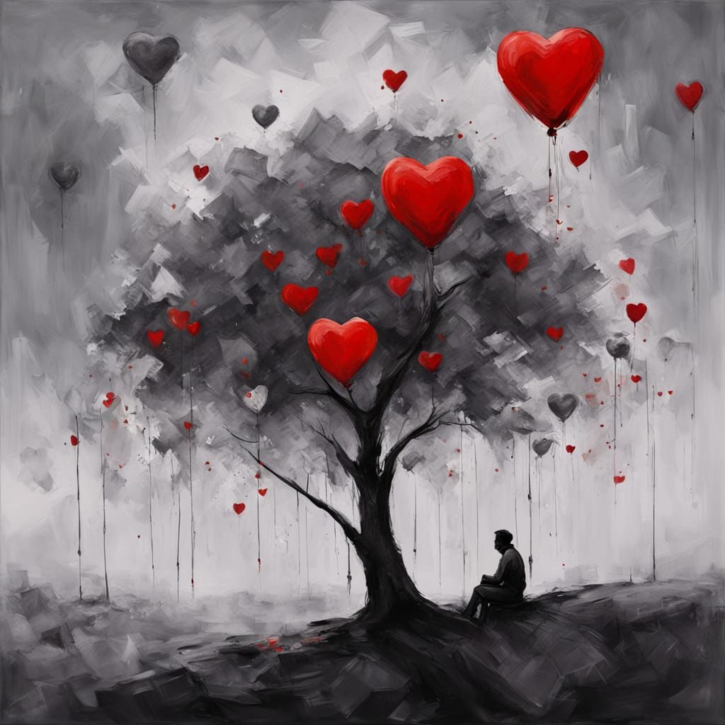 Melancholic Grayscale Landscape with Hearts as Impasto Paint...