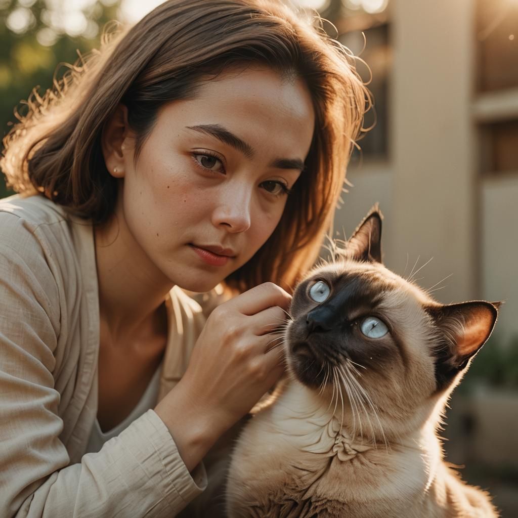 Siamese Cat's Tender Touch: A Golden Hour Moment