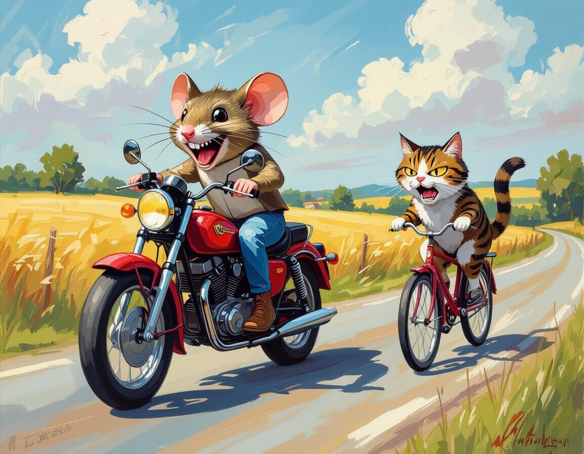 Mouse on Motorcycle in Impressionist Gouache Style