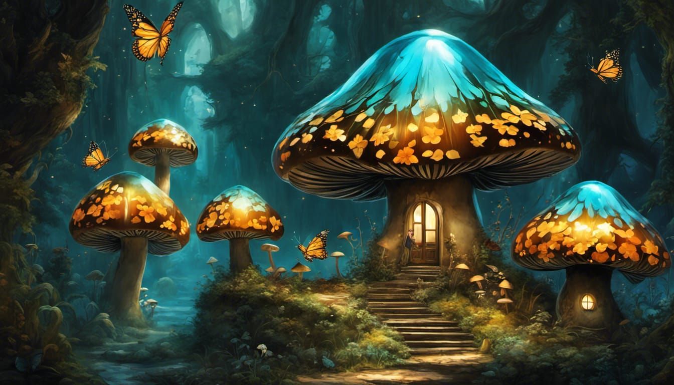 Exploded floral turquoise, black, and amber mushroom fairy house-7487 ....... God Is Available. He Loves You...Do You Wa...