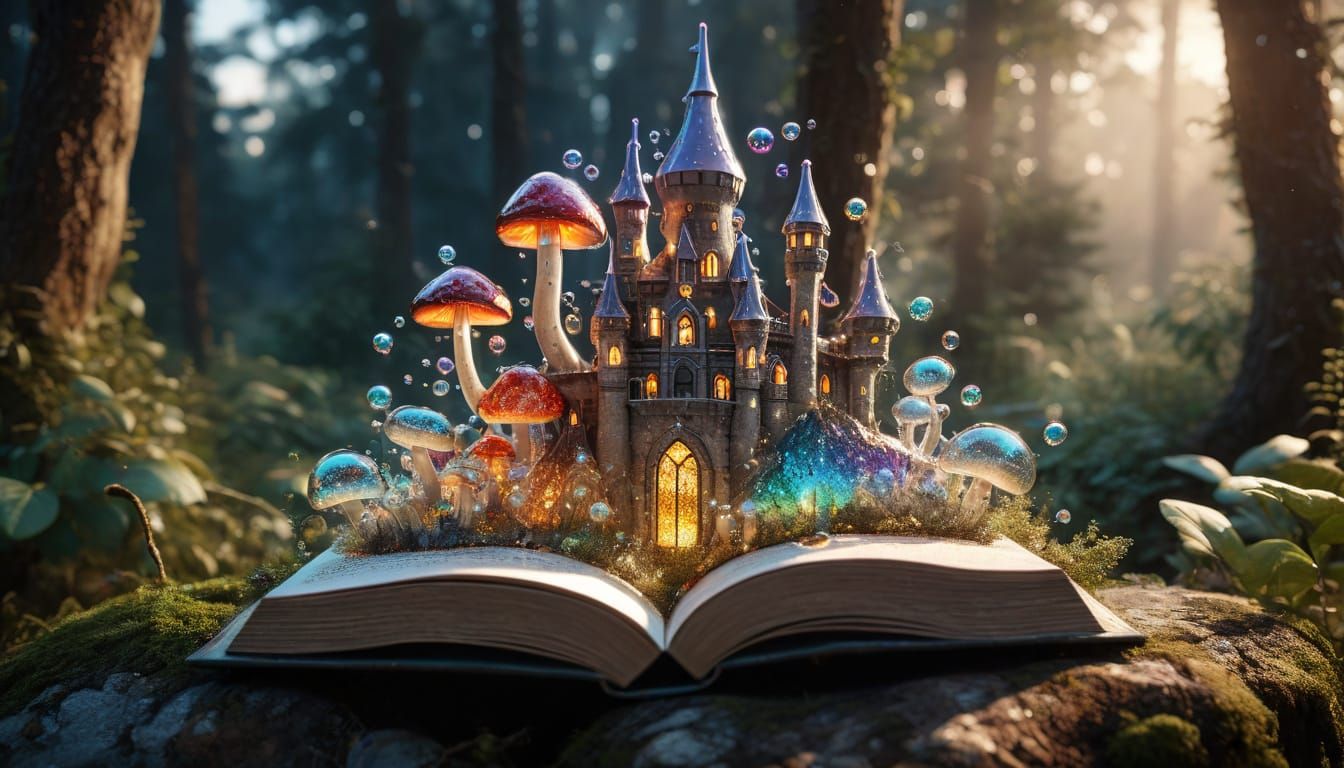 Enchanted Iridescent Kingdom Emerging from Ancient Tome