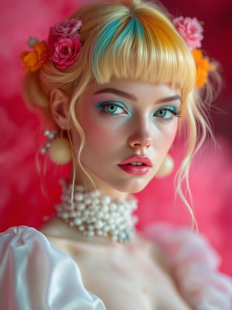 Pin-Up Woman with Teal-Tipped Hair in Vibrant Cartoon Style