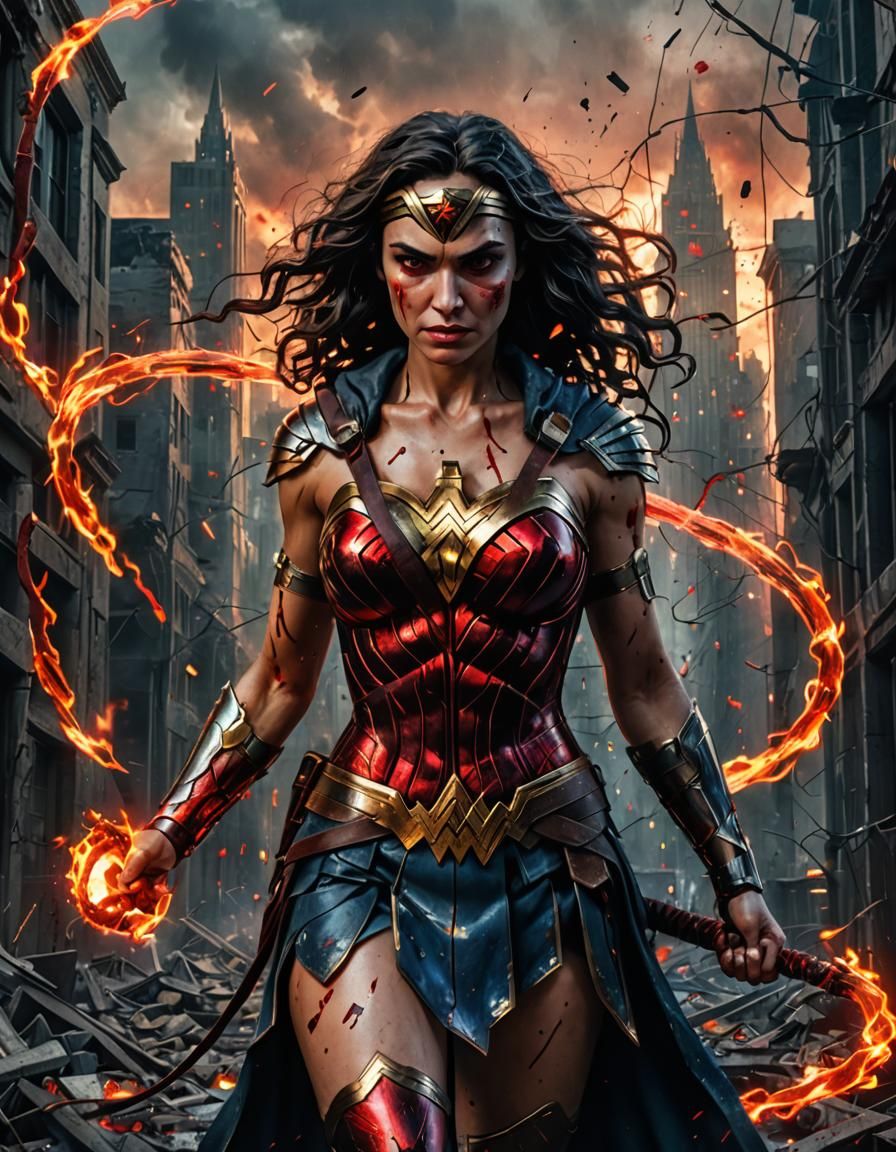 Wonder Woman with Flaming Whip in Stained Glass Style