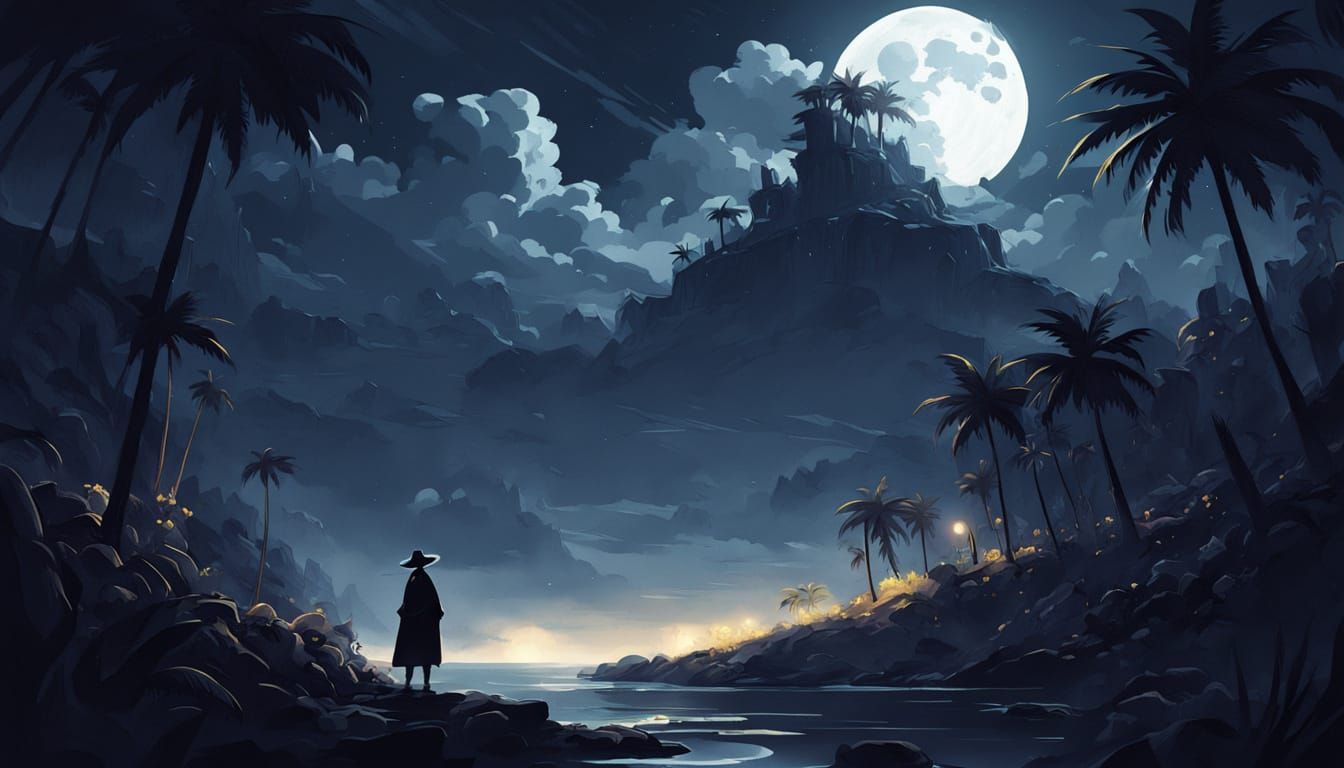 Moonlit Silhouette in Tropical Landscape: Digital Painting
