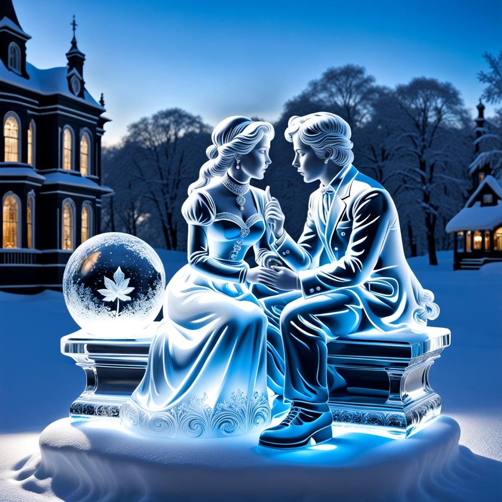 Romantic statue of a Victorian couple in ice