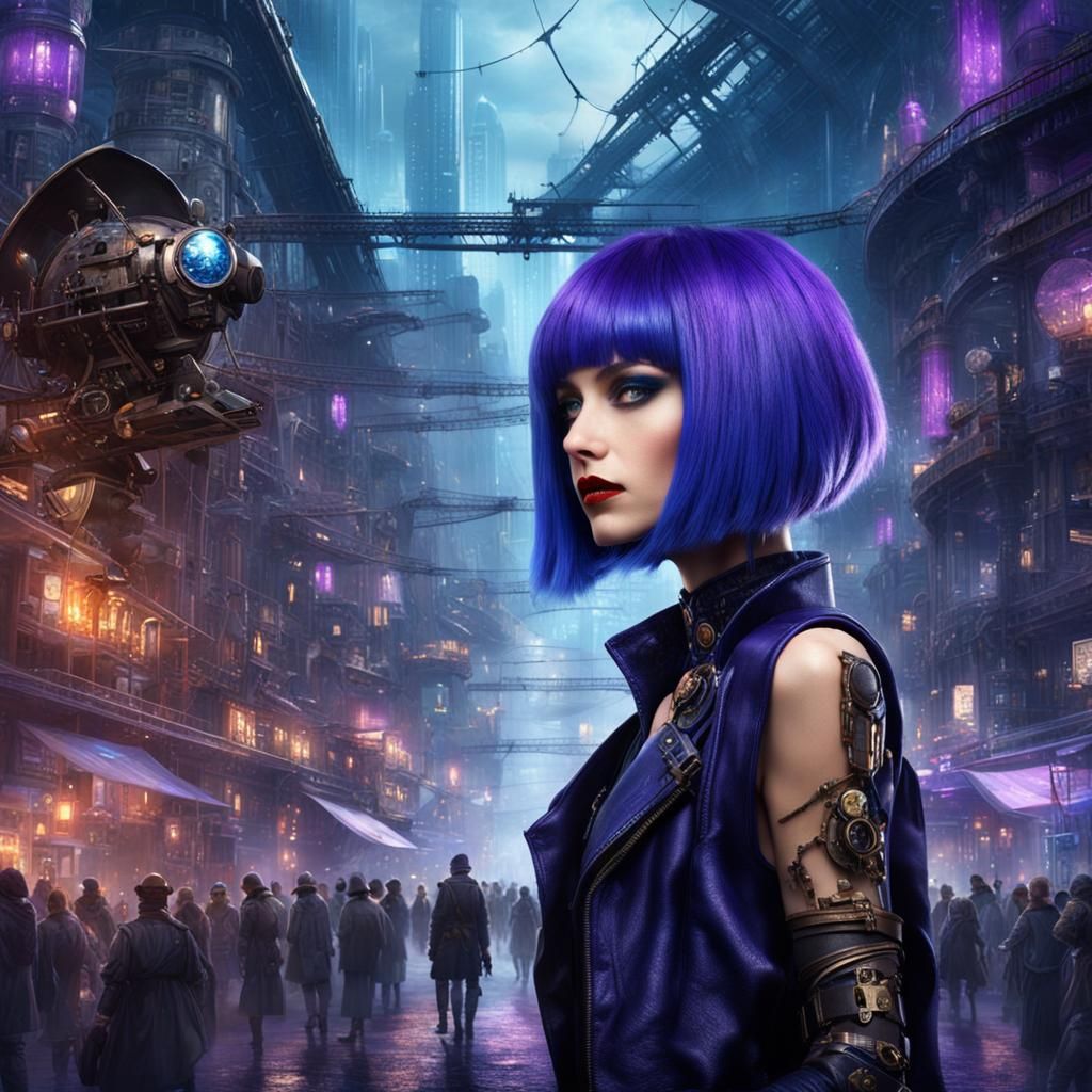 Steampunk Beauty in Futuristic Cityscape