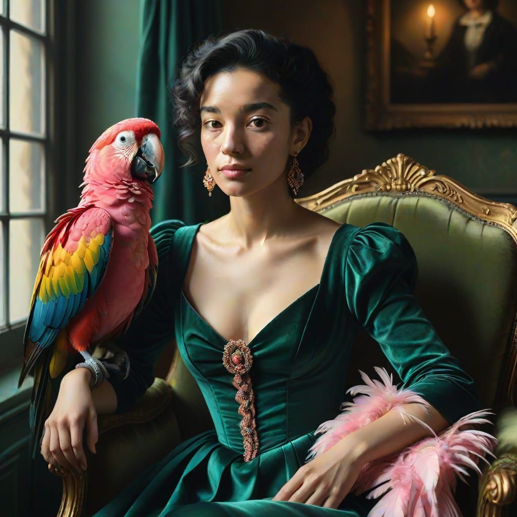 Baroque Portrait with Woman and Parrot