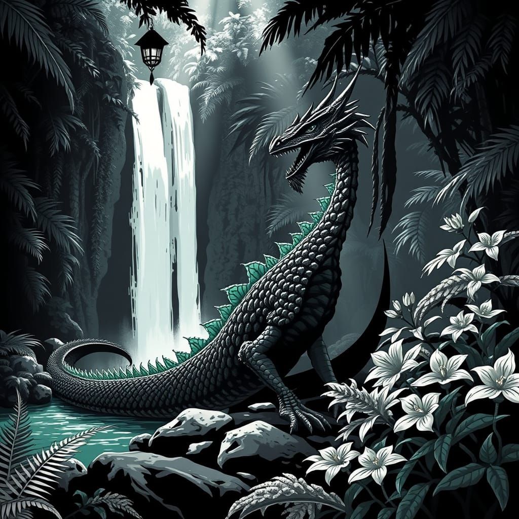An ancient, colossal dragon, its scales like obsidian and emerald, guards a hidden waterfall cascading into a crystal-cl...