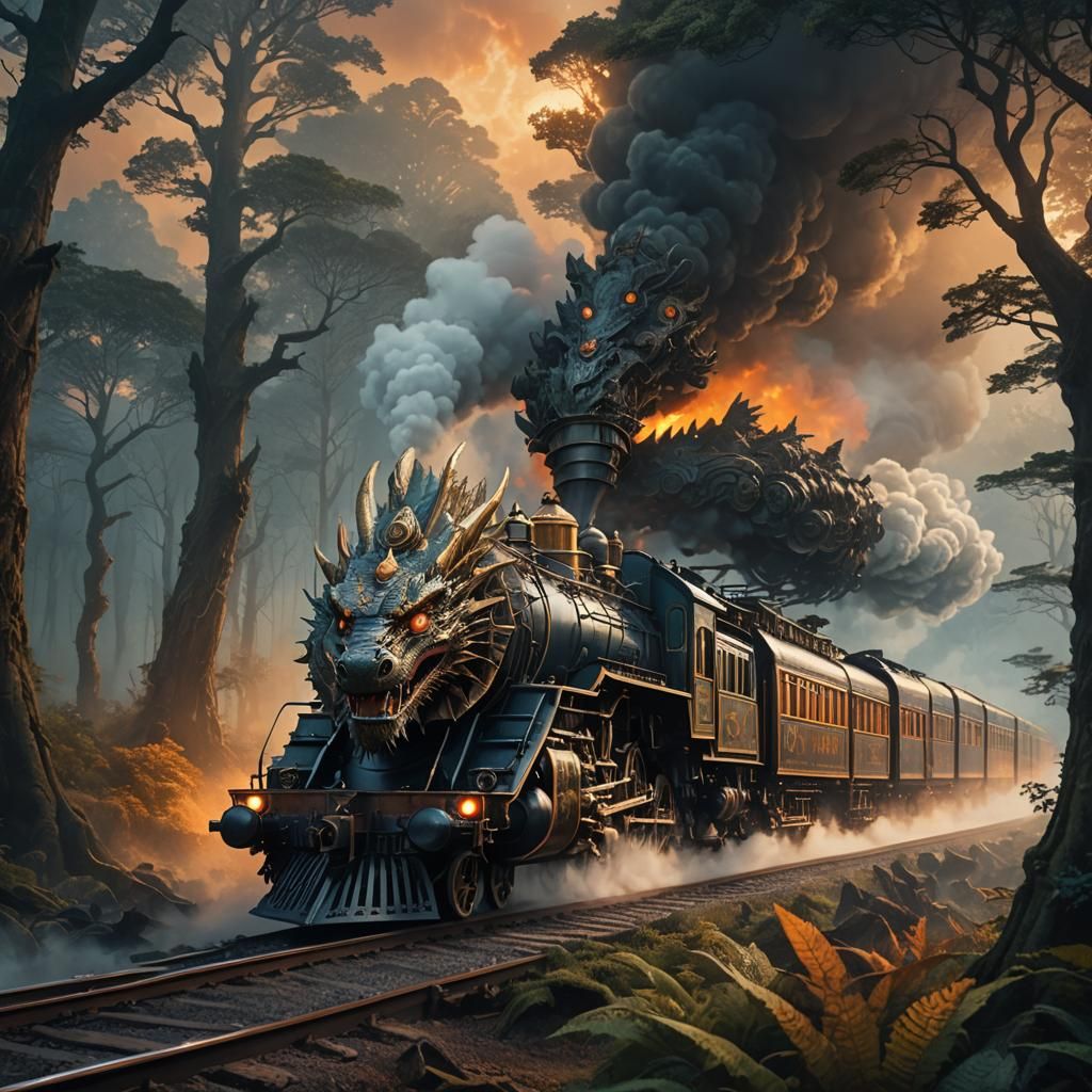 Dragon Steam Train in Mystical Forest Concept Art