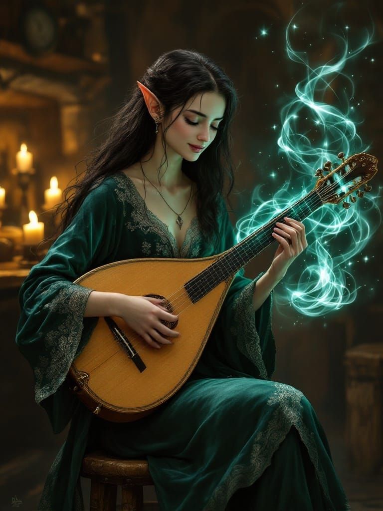 Elven Bard Weaves Enchanted Melody in Cozy Tavern
