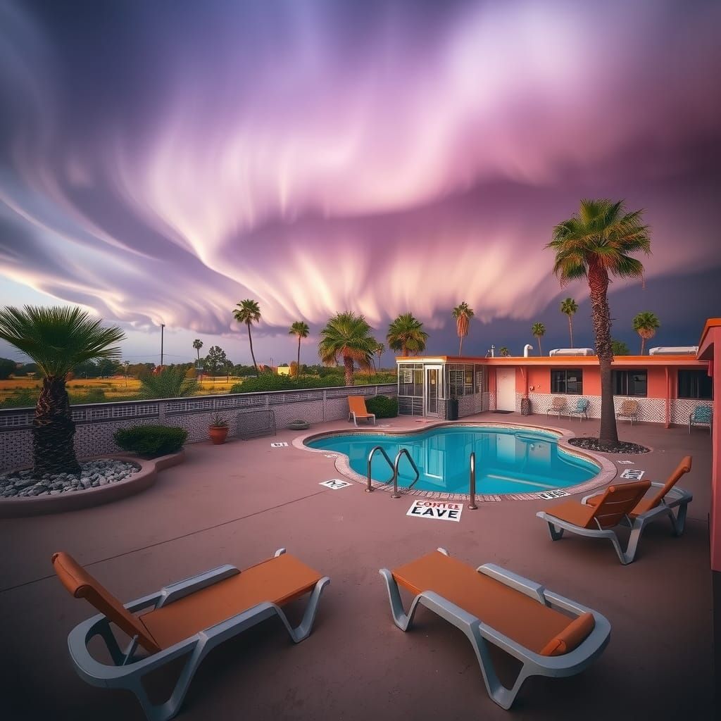 Vintage Motel Pool Under Swirling Clouds