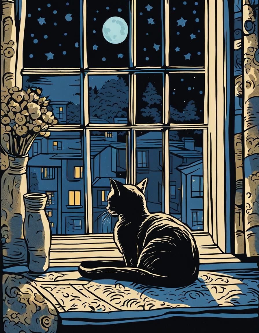 Siamese Cat Gazing Out Window in Woodcut Style