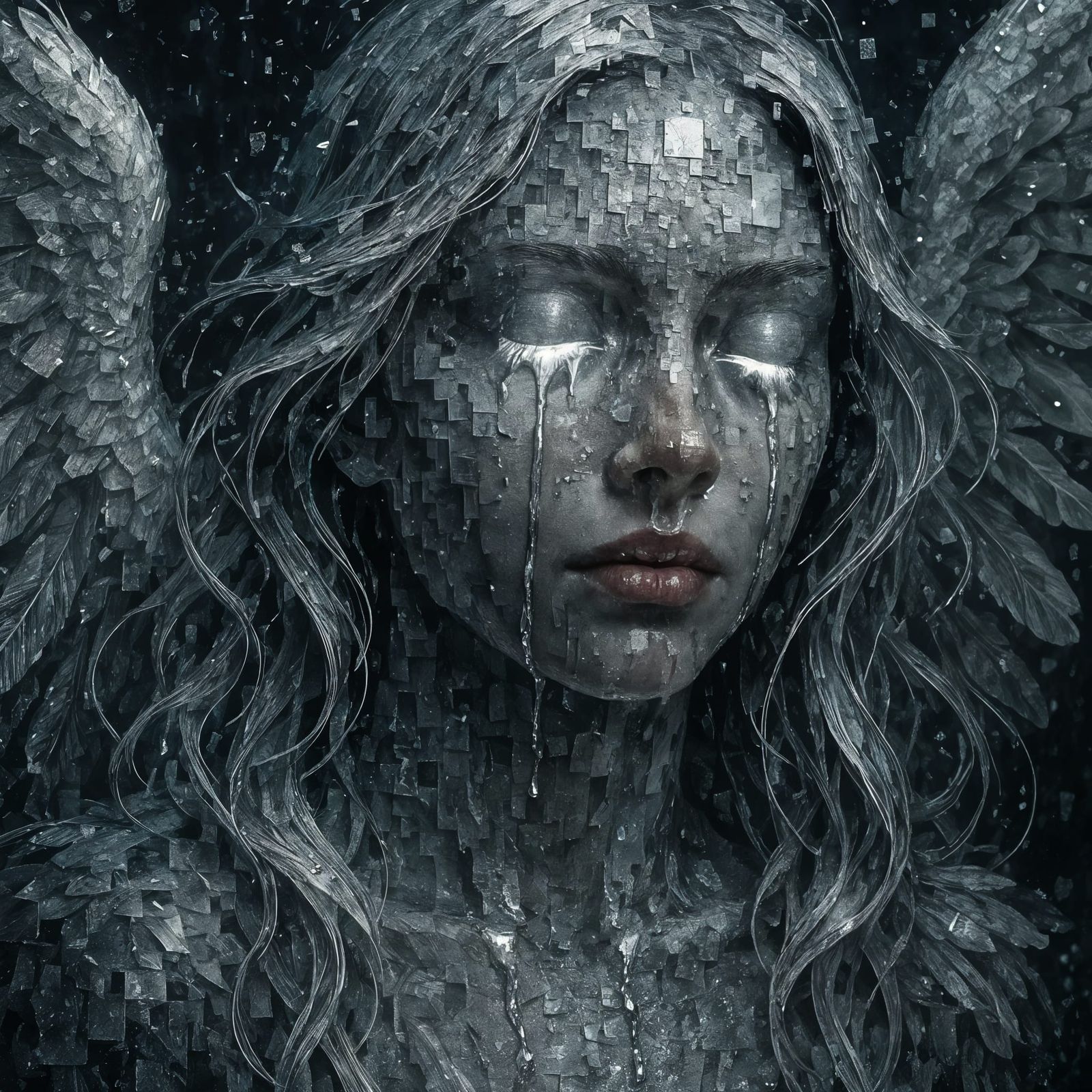 Fragmented Angel Portrait in Glitch Art Style