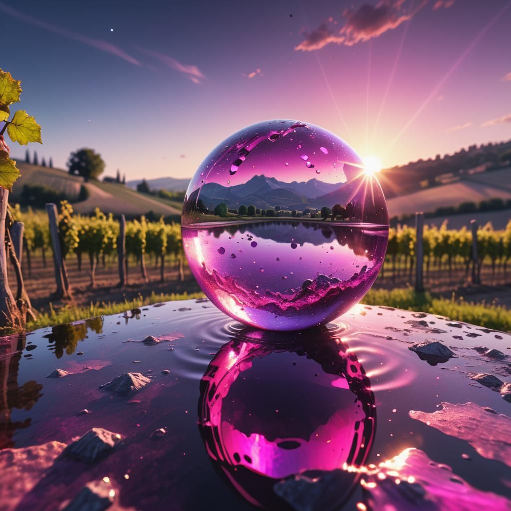 Cosmic Neon Crystal Liquid Lake on Vineyard at Sunset