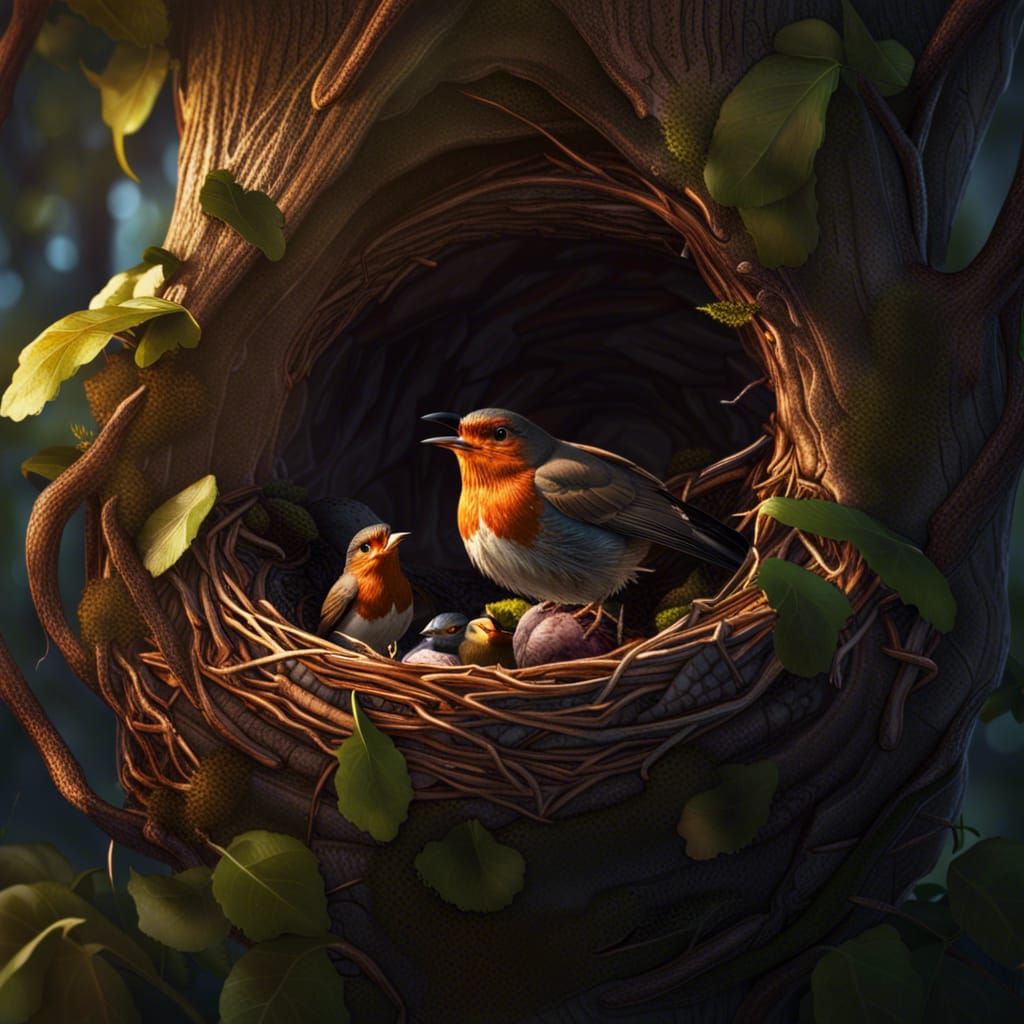 Robin Feeding Young: Detailed Fantasy Art