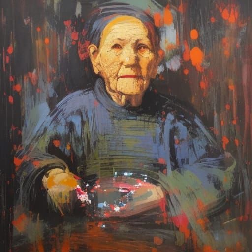 Expressionist Portrait of an Old Woman with Splattered Paint