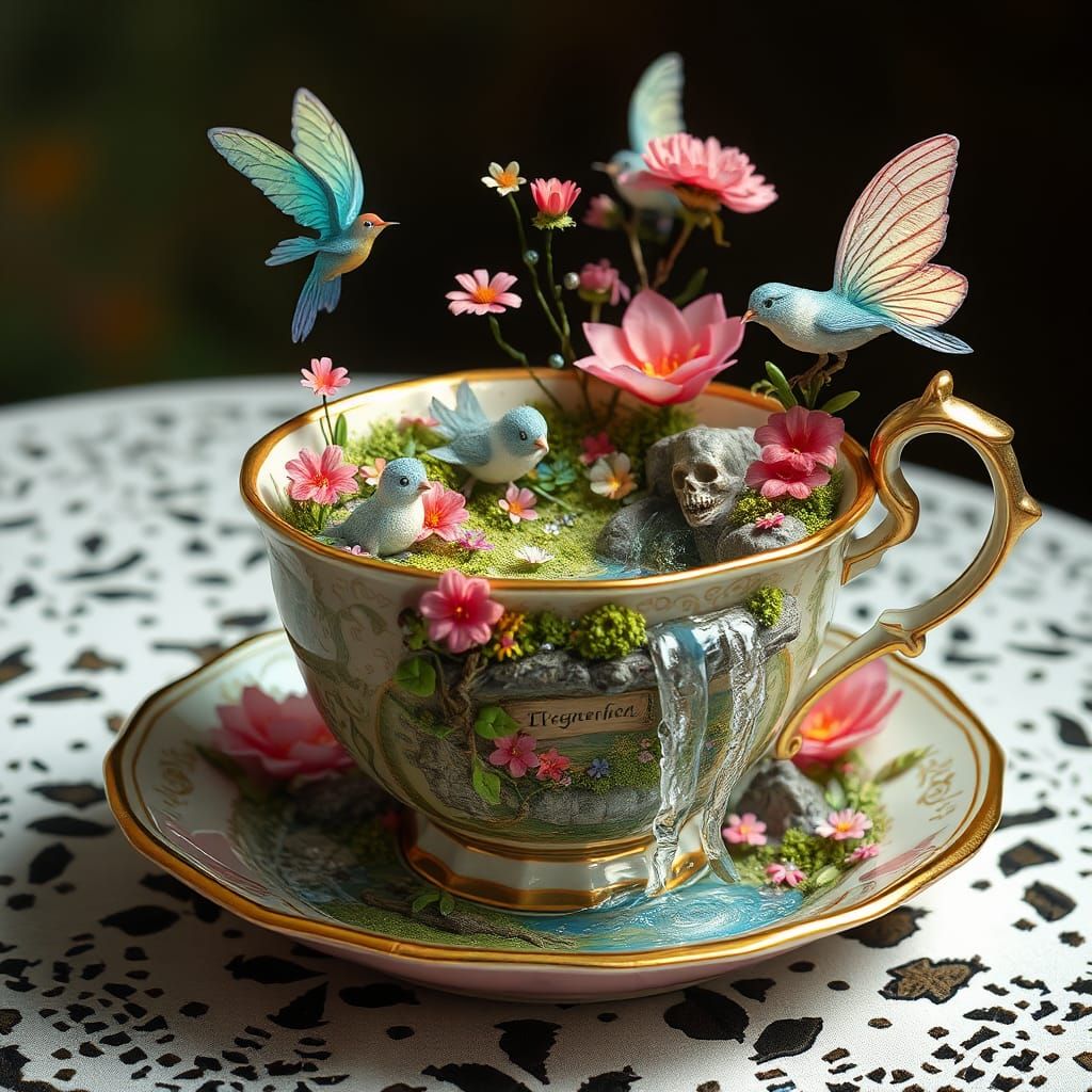 Miniature Enchanted Gardens in Teacup: Dreamy Ethereal Scene