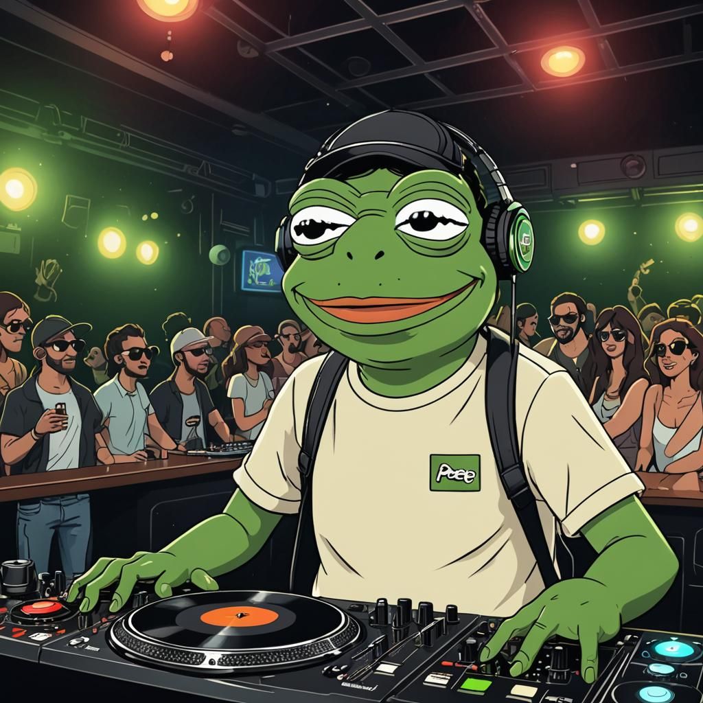 Cartoon DJ Pepe Frog in a Club
