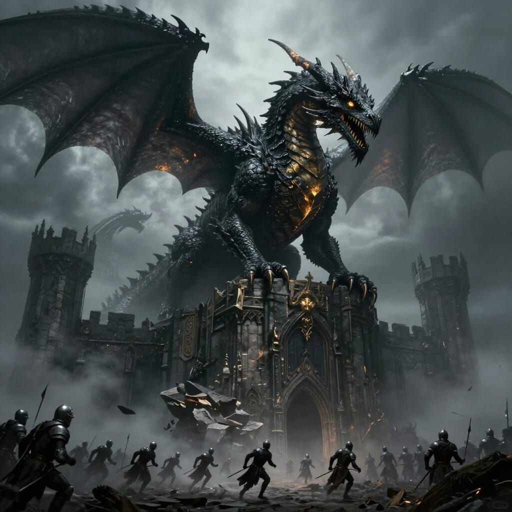 Ancient Dragon Over Gothic Citadel in Dark Fantasy Style