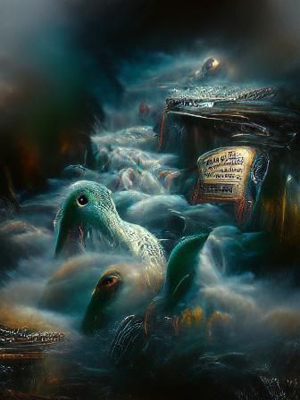 Loch Ness monster having a cold and a headache oil painting by James Gurney detailed matte painting synthwave neon retro