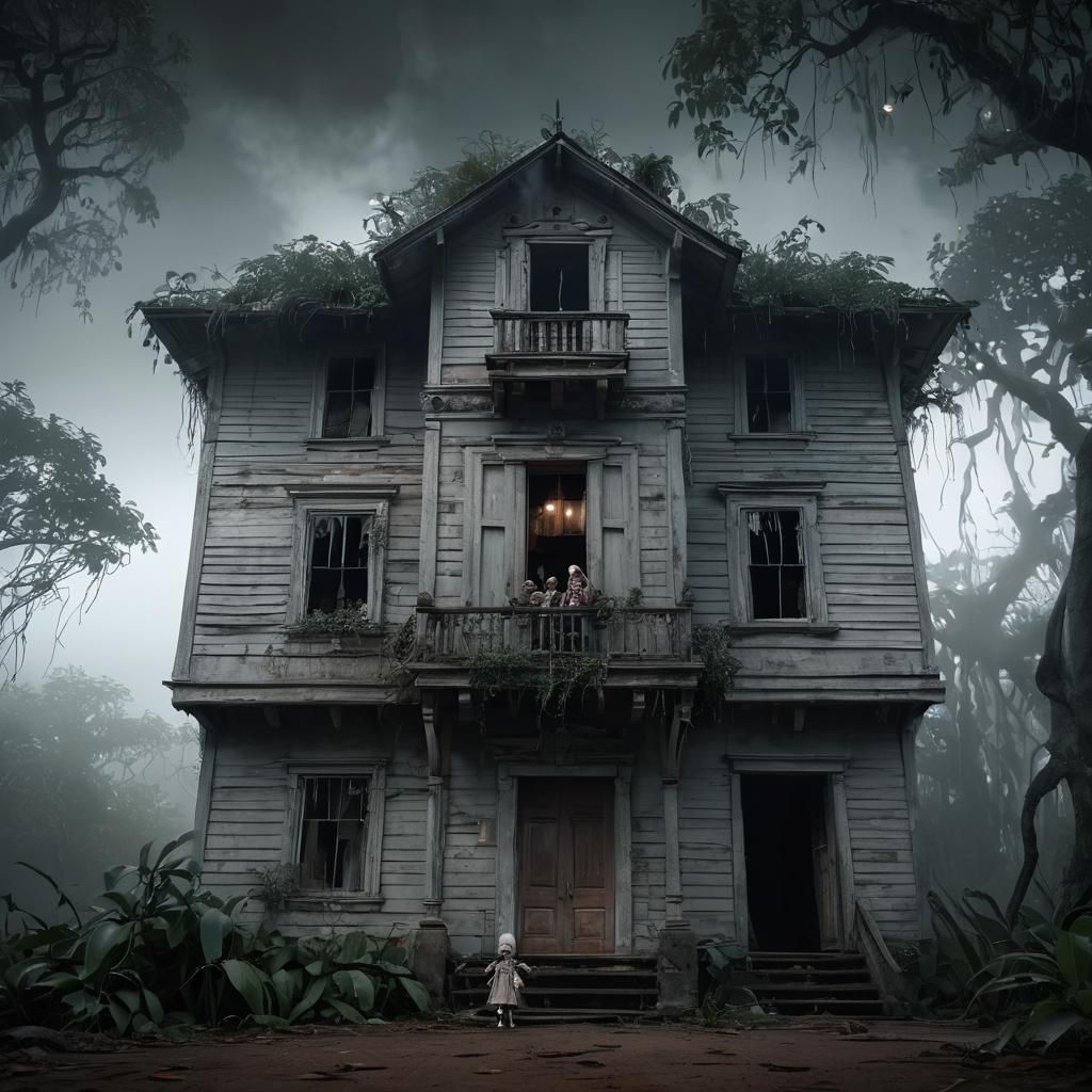 Eerie Haunted House with Doll Head, Digital Painting