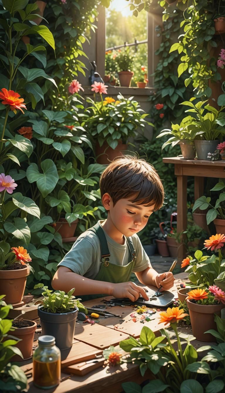 Boy Cleans Gardening Tools in Hyperrealistic Garden