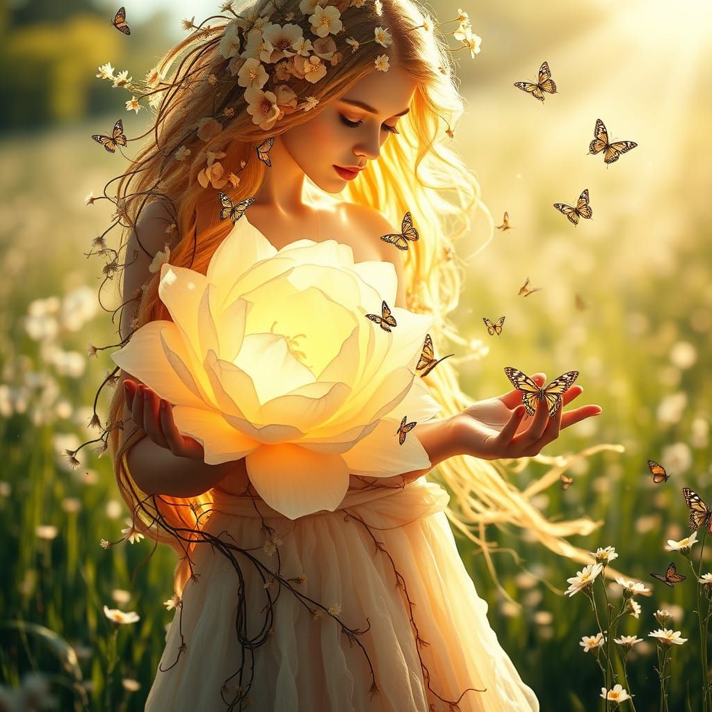 Radiant Woman of Spring in Sunlit Meadow