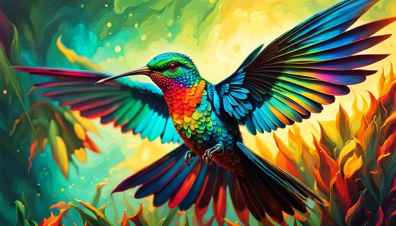 Steampunk Neon Hummingbird in Digital Illustration Style