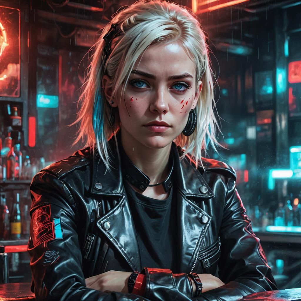 Cyberpunk Woman Portrait in Neon Lit Bar