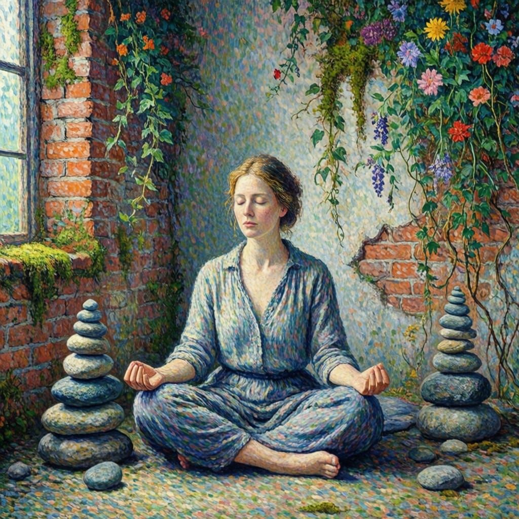 Serene Woman Meditating Amidst Nature in Pointillist Style