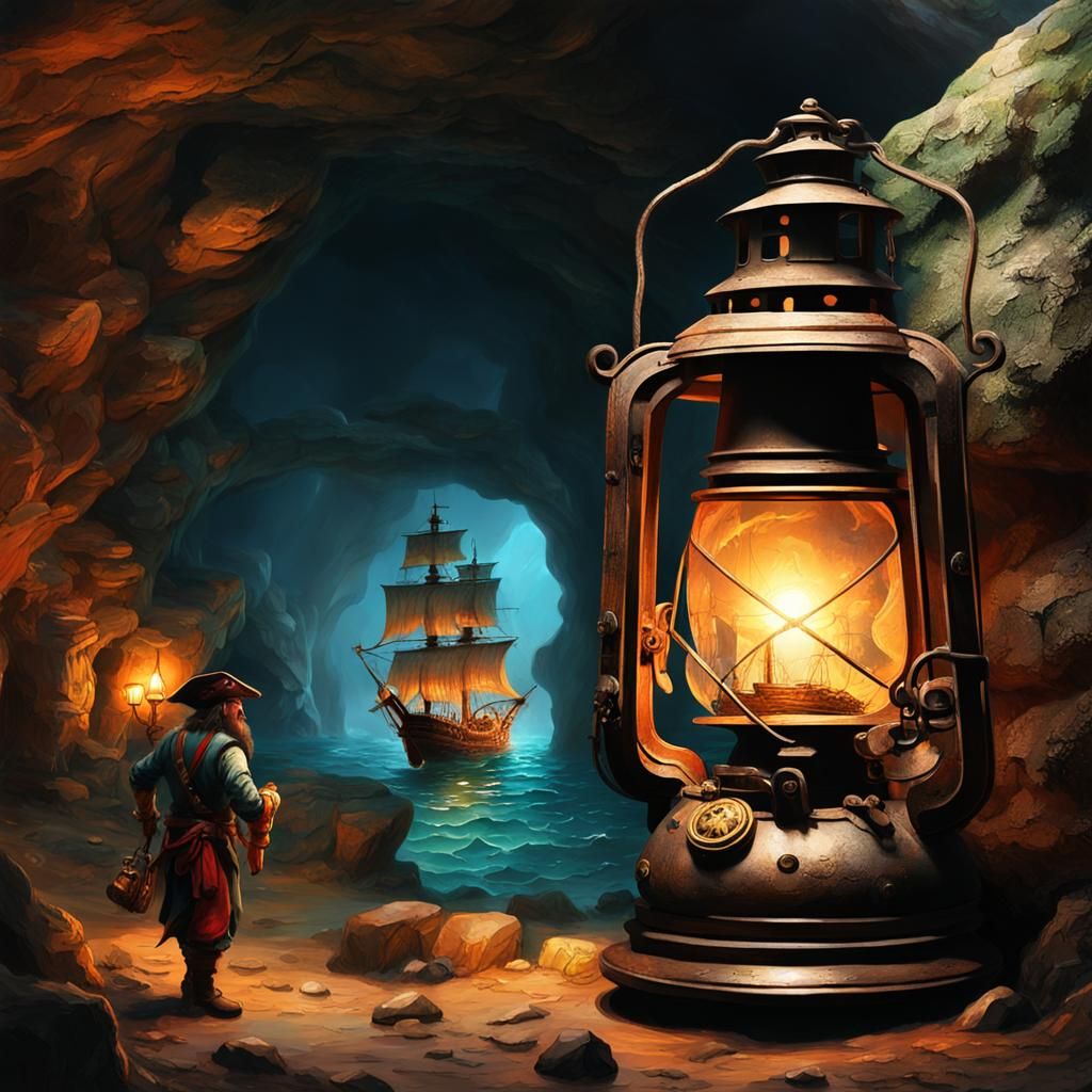 Pirate's Lantern Lights Underwater Cave: Oil Painting