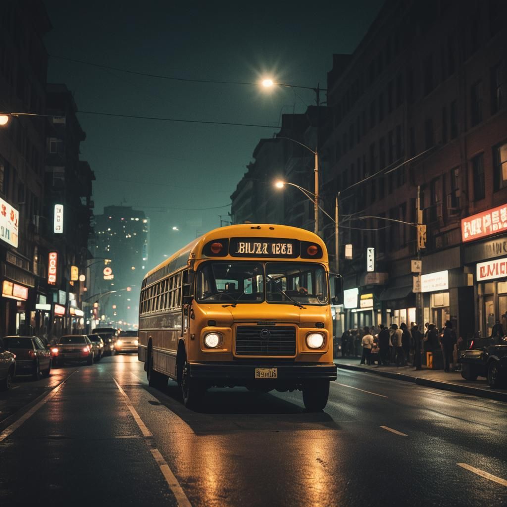 1980s City Night Scene with Cars and Buses