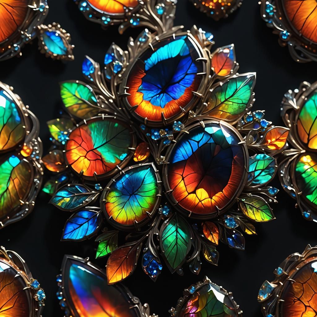 Bioluminescent Flowers in Iridescent Ammolite: 3D Anime Art