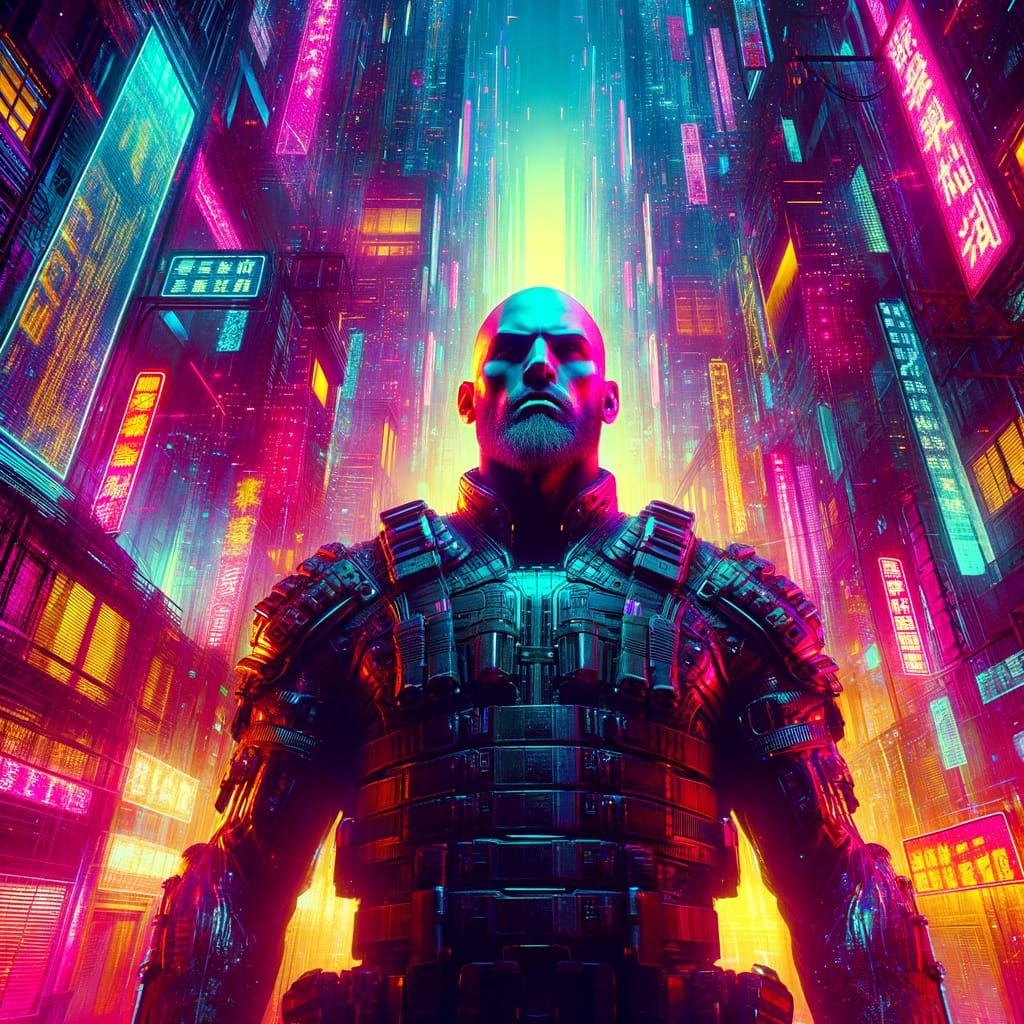 Cyberpunk Soldier in Futuristic Cityscape
