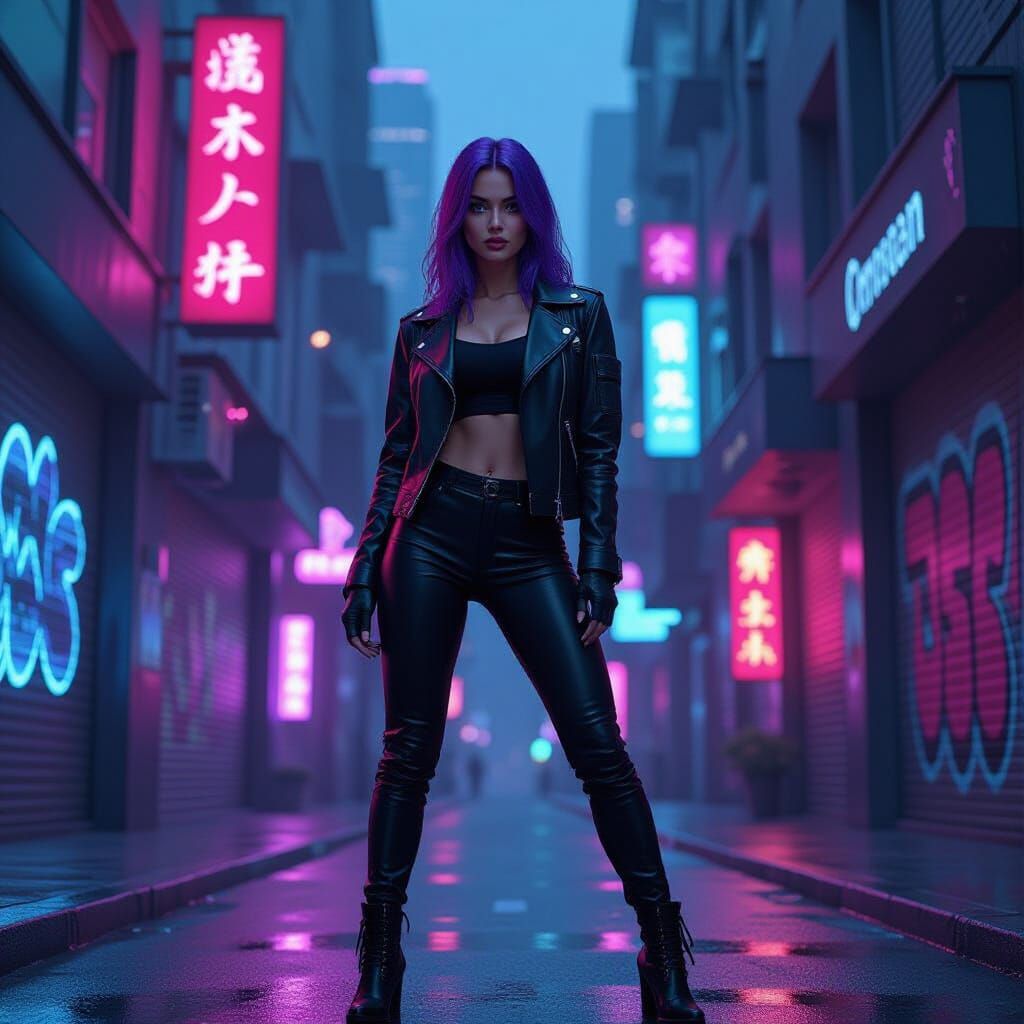Futuristic Woman in Neon Alleyway, Art Nouveau Style