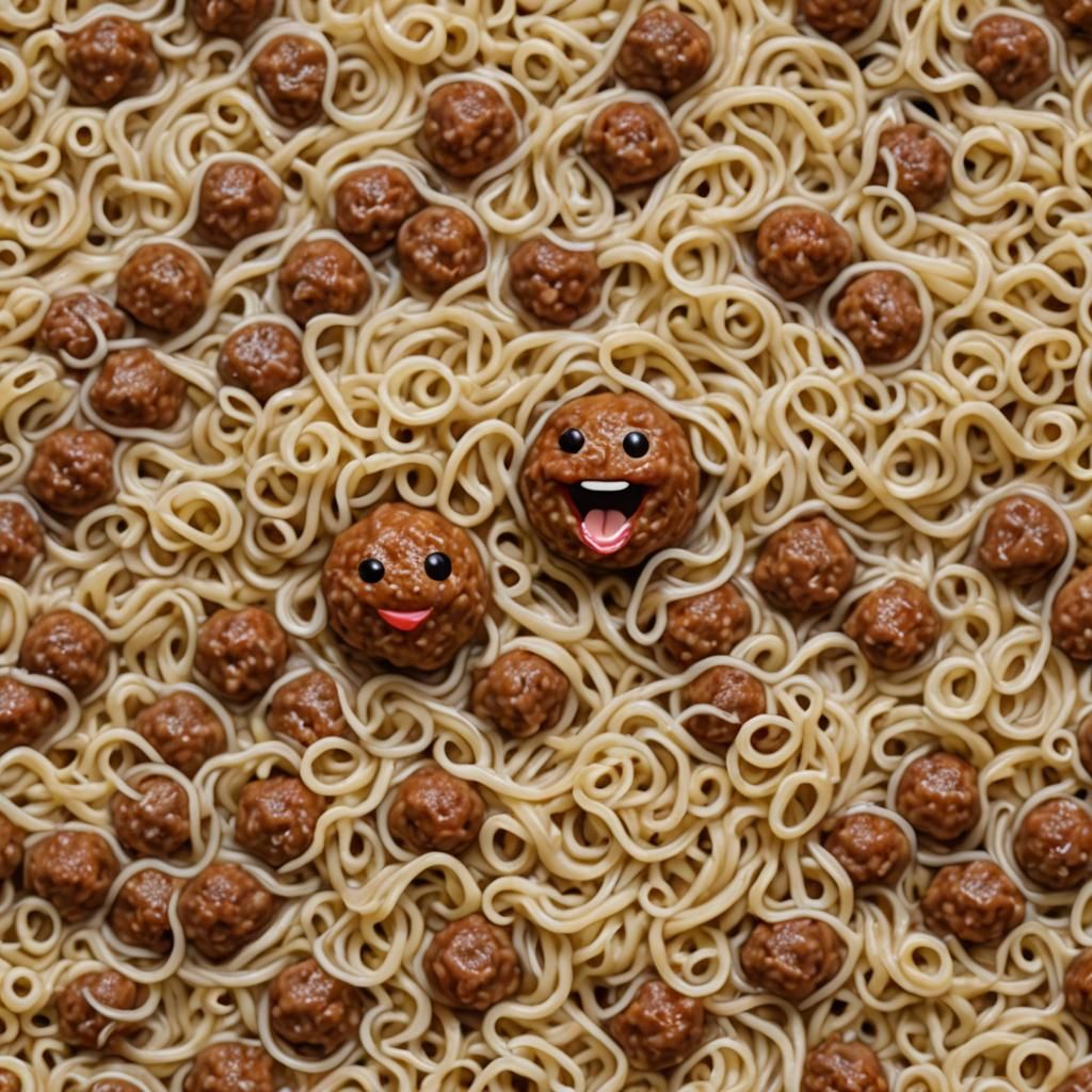 Happy Meatball Playing in Noodles