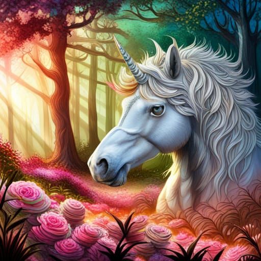 Detailed Black Unicorn Head with Rosebuds