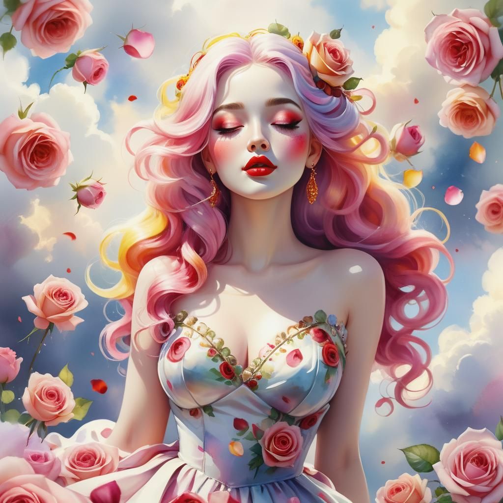 Girl with Rose Petal Dress in Watercolour Style