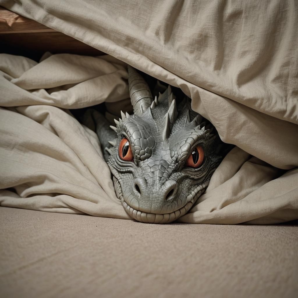 Cuddly Dragon Peeking from Under Bed: Realistic Photo