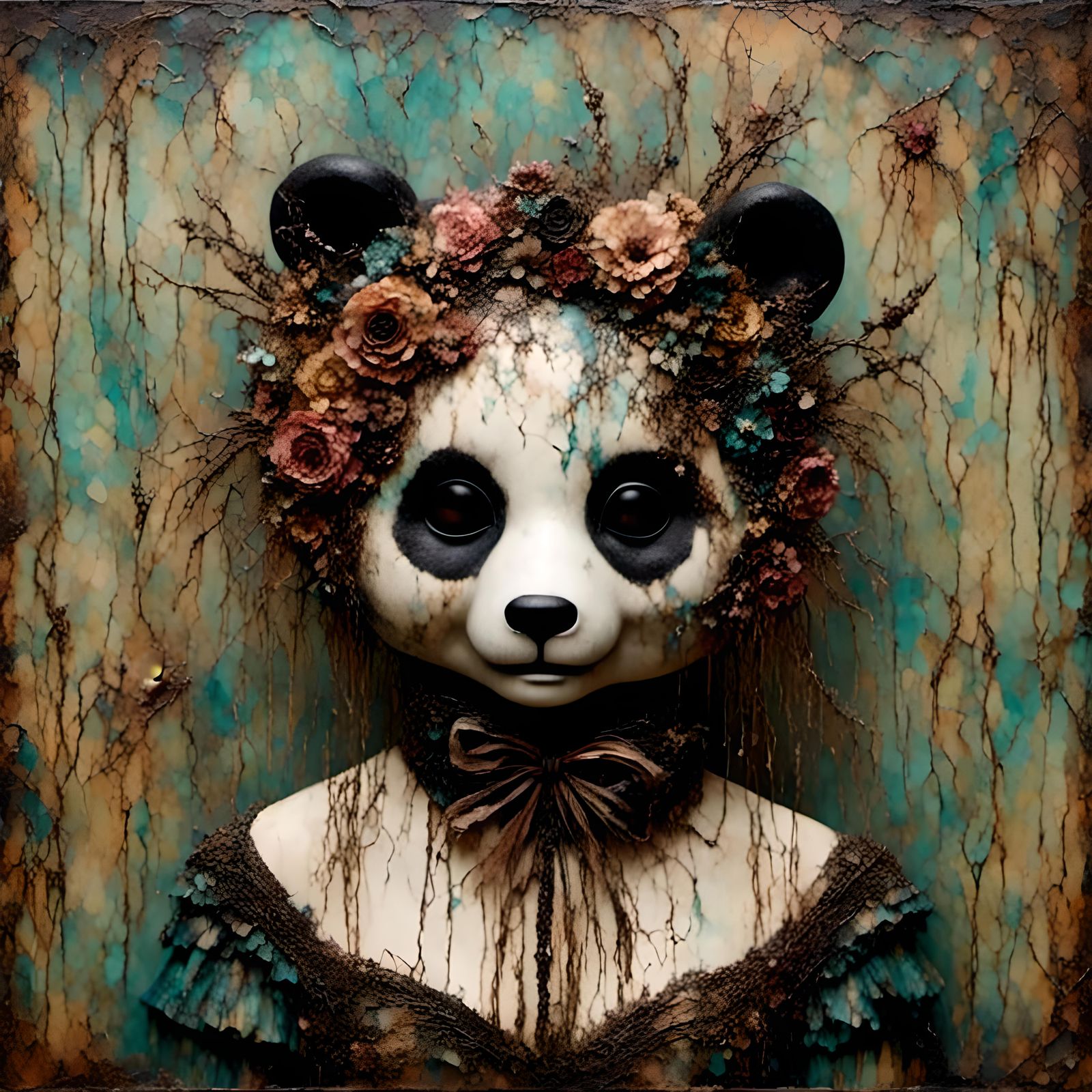 Encaustic Horror: Panda Mask Girl in Macabre Style