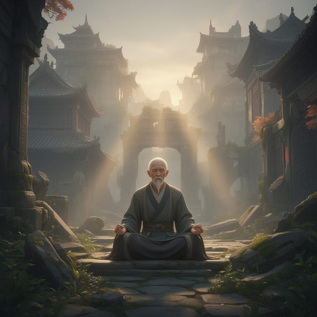 Elder Meditating in Ancient Ruined City